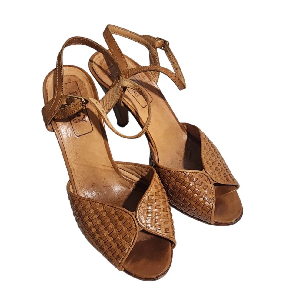 Bally Brown Woven Leather Slingback Heels Sandals Made Italy Womens EU 36